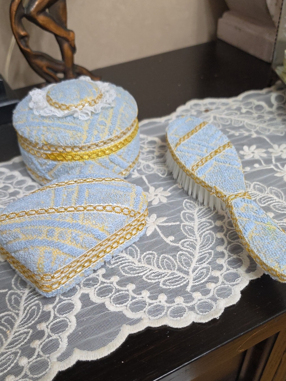Vtg 1980 Blue and Gold Decorative Vanity Set